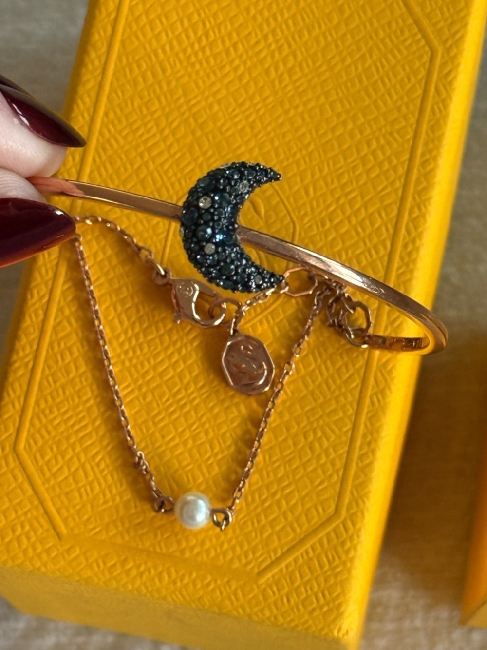 Swarovski Rose Gold Layered Bracelet with Black Crystal Moon & Pearl